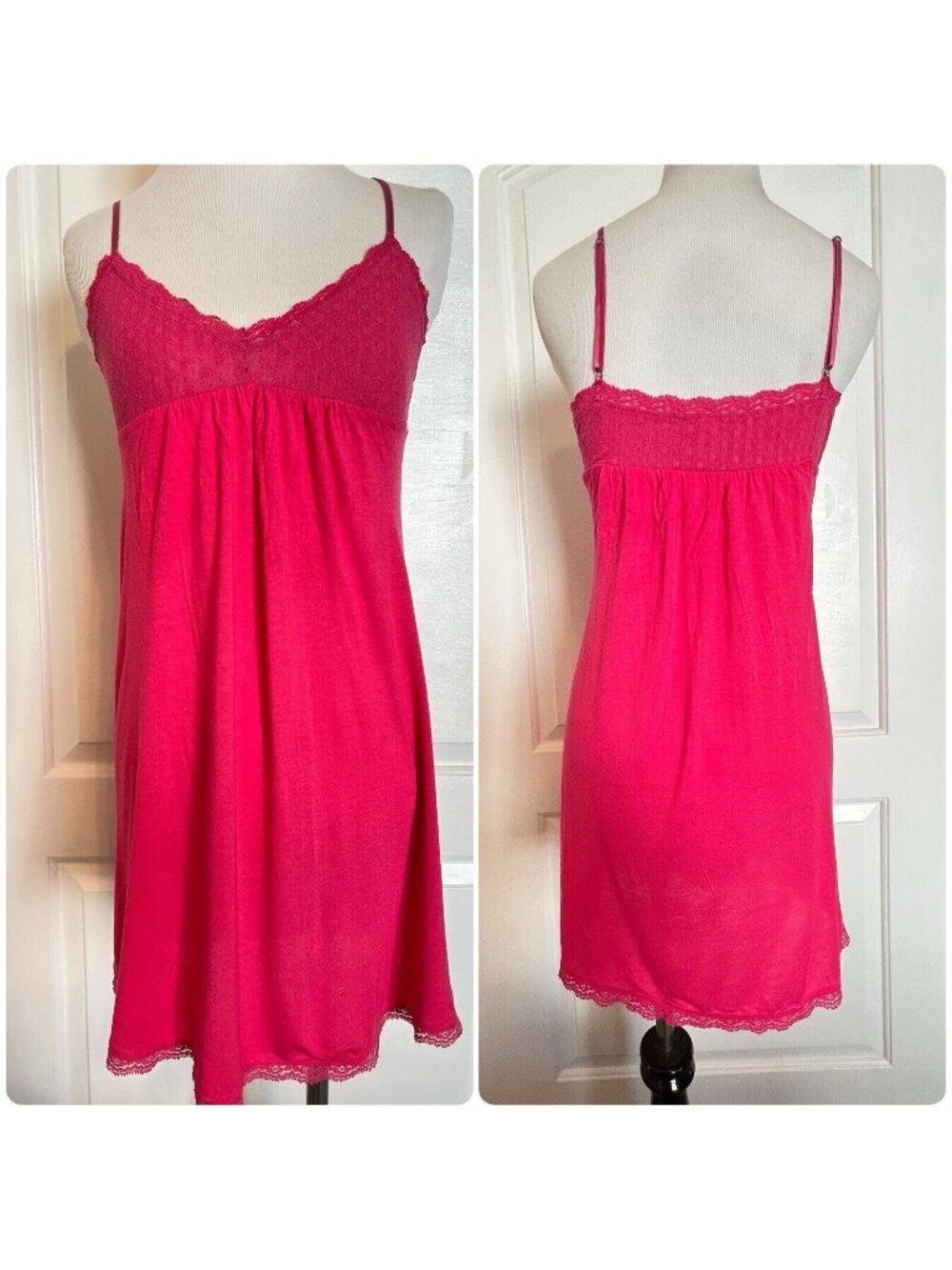 Eberjey Hot Pink Lace Nightgown Babydoll Chemise Slip Dress Nightie Rayon M